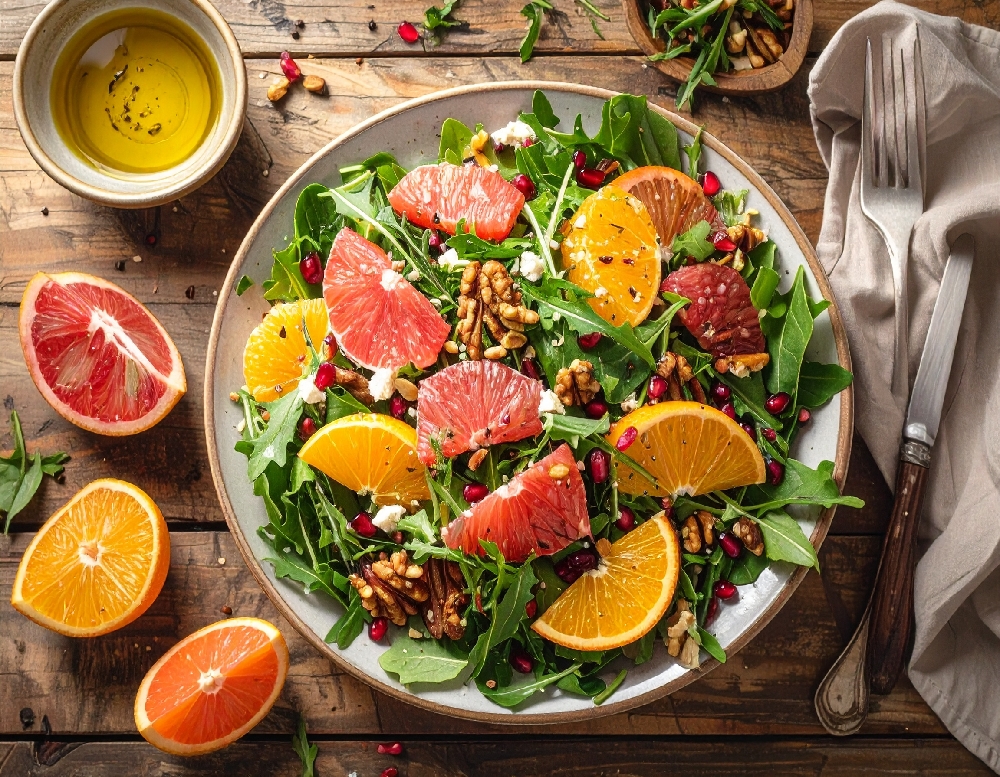 Flat lay of a Mediterranean vegan salad with citrus vinaigrette, fresh greens, oranges, grapefruit, walnuts, pomegranate seeds, and olive oil.